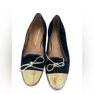 Stubbs & Wootton Black Velvet Gold Cap Shoes, size 9.5